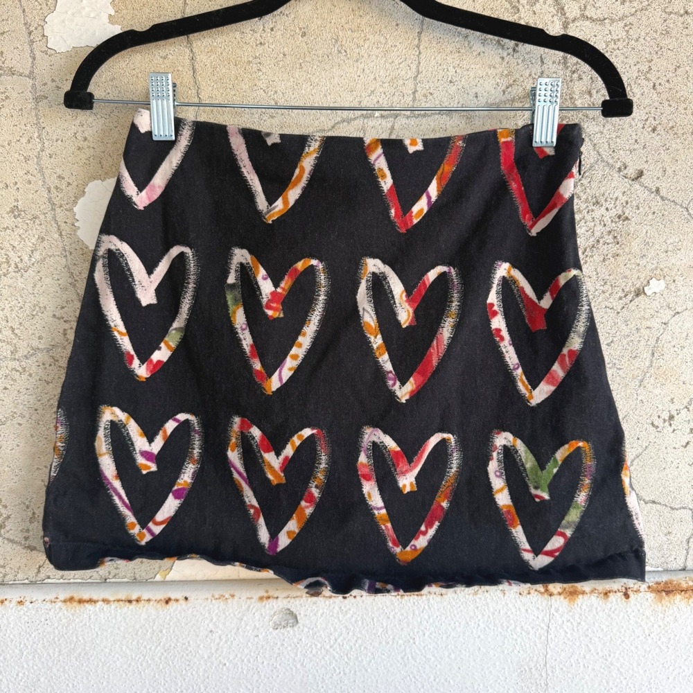 Desigual Mini Skirt Heart Print Cotton Stretch Side Zip Funky Artsy Boho Women M